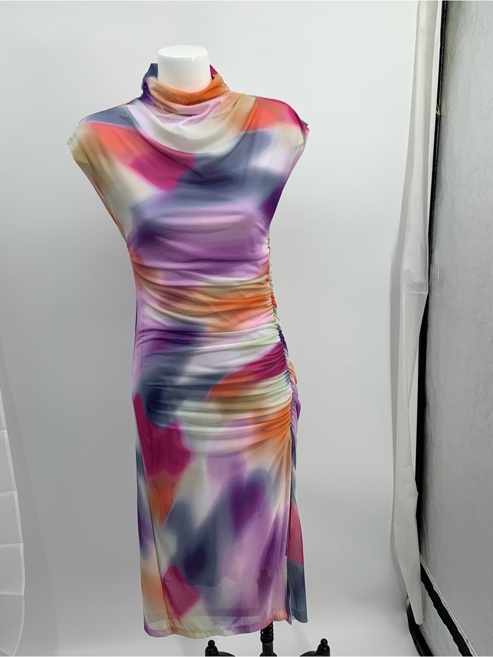 Anthropologie Maya Ruched Mesh Ed Dress women’s petite small ink Watercolor Maxi